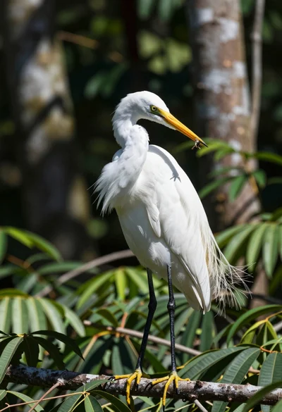 Majestic white egret standing on branch in lush green forest setting