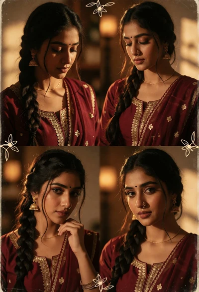 Collage portrait of young woman in maroon kurta with golden hour lighting