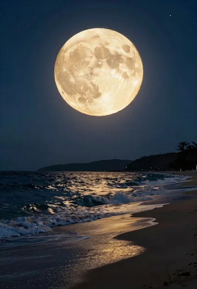 Massive glowing full moon over dark ocean shoreline under starry night sky