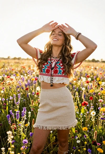 Smiling woman in embroidered top standing in field of wildflowers