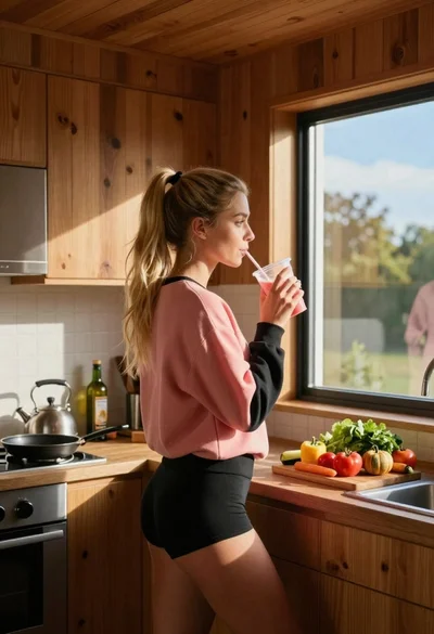 Blonde woman drinking beverage at wooden kitchen counter sunlight