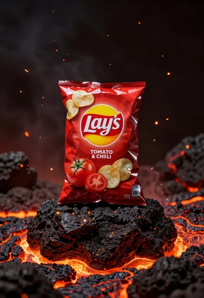 Glossy red potato chip bag on volcanic rock amidst glowing lava flows
