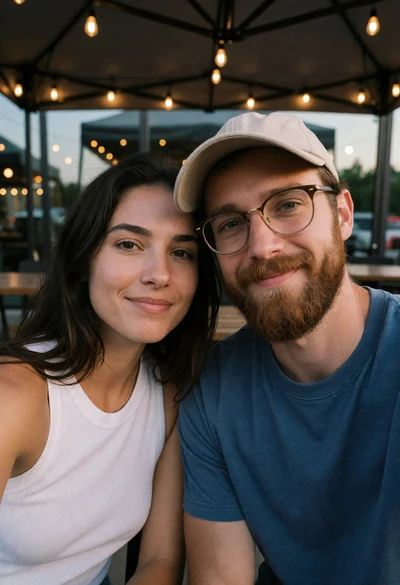 Couple smiling together under canopy with string lights high angle selfie