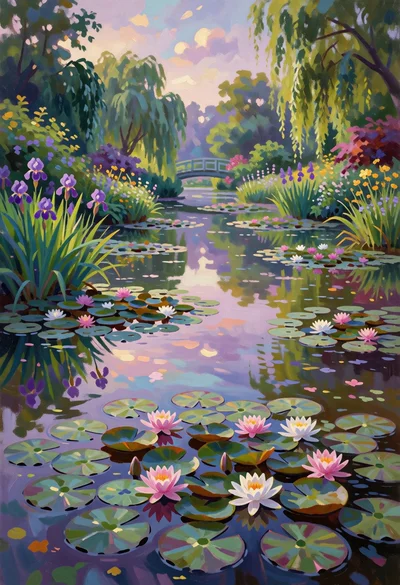 Impressionistic pond scene with lilies and weeping willows under soft morning light