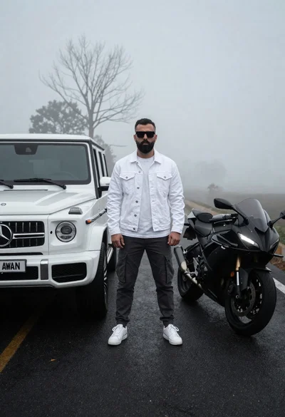 Man between luxury cars on foggy asphalt road