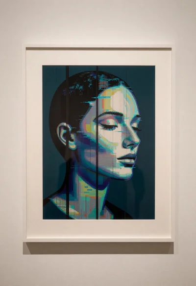 Glitch art portrait mounted on a beige gallery wall