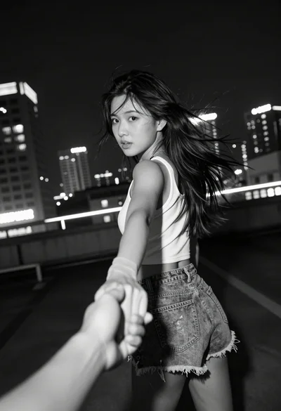 Black and white photograph of woman pulled forward on urban rooftop at