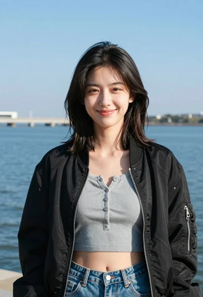 Young woman in black jacket and denim jeans by blue water background