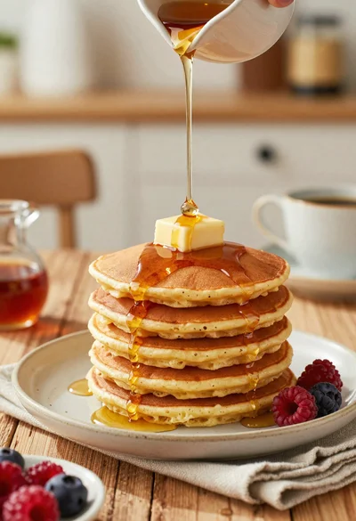 Close up stack of fluffy pancakes with maple syrup on rustic wooden