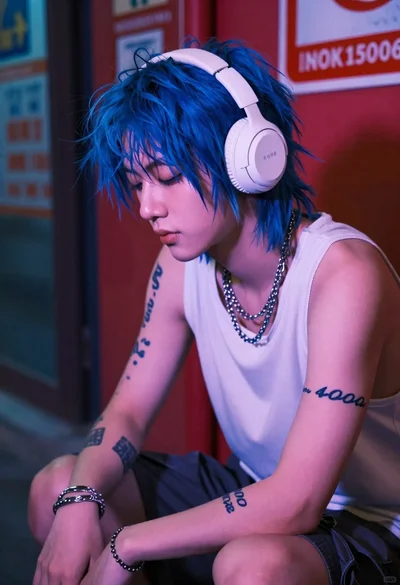 Moody portrait of person with blue hair in cyberpunk alley
