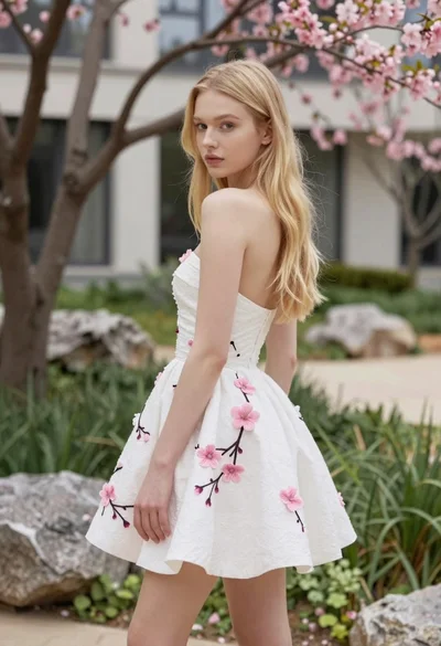 Blonde woman looking back over shoulder in an elegant floral garden setting
