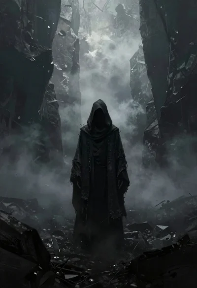 Hooded figure in misty dark canyon gorge