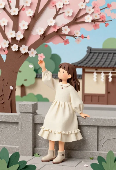 Young girl in cream dress touching cherry blossoms near stone fence