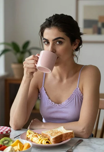 Medium close up portrait of woman drinking from pink mug at marble