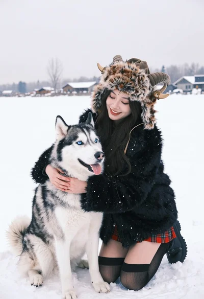Young woman kneeling in deep snow hugging siberian husky dog