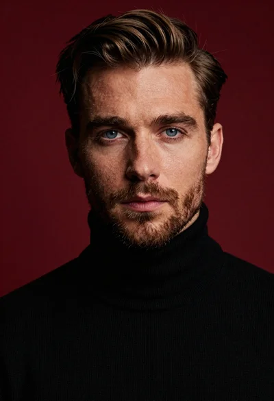 Closeup portrait of handsome man with brown hair and blue eyes in