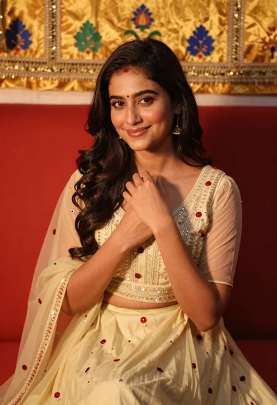 Young woman smiling indoors wearing embroidered lehenga choli against red sofa