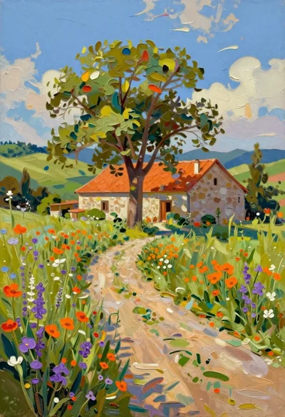 Oil painting of farmhouse in sundrenched rural landscape