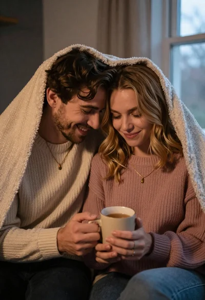 Young couple cuddling under a blanket sharing a mug in dim light