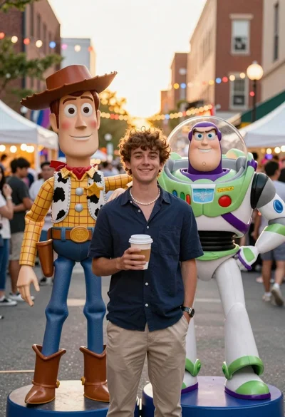 Young man smiling between toy figures on a crowded street fair