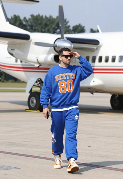 Man walking on airport tarmac near large white propeller plane