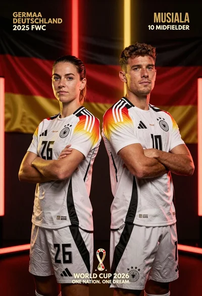Two german football players stand back to back in white jerseys against