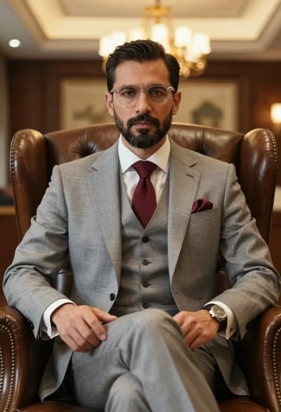Mature man in light grey suit sitting in leather armchair indoors