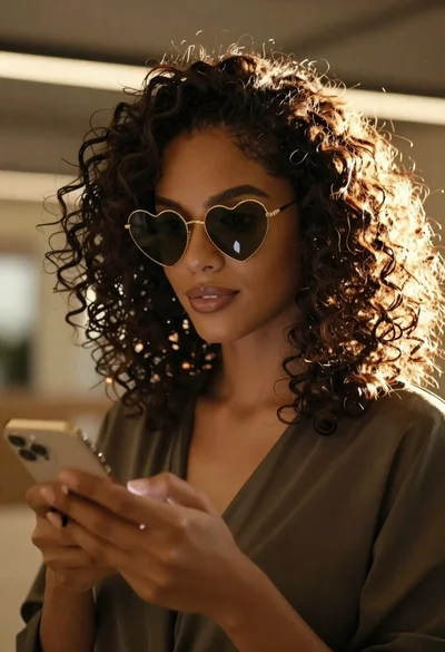 Closeup portrait of woman with dark curly hair holding smartphone indoors