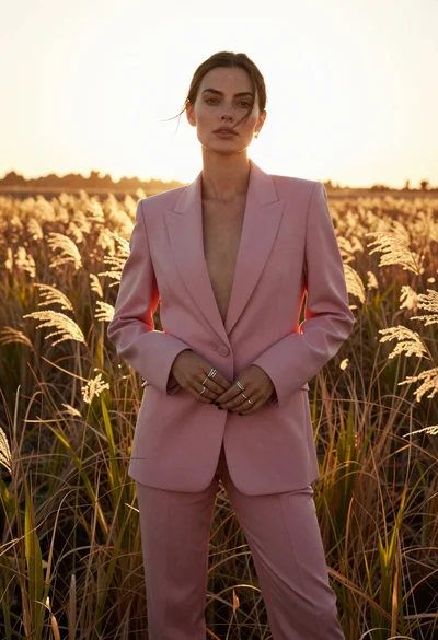 Woman in dusty pink suit standing in tall golden grass at sunset