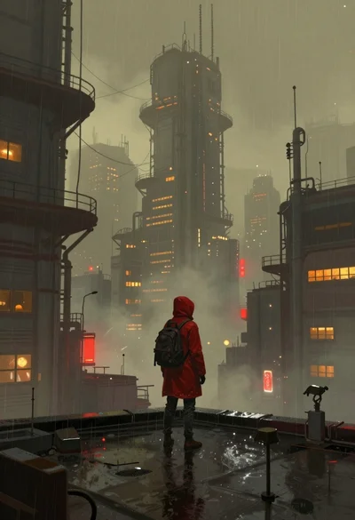 Lone figure on wet rooftop in cyberpunk cityscape