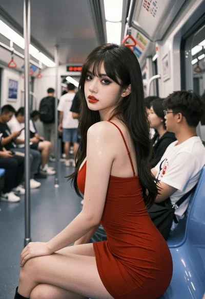 Woman in red dress looking over shoulder inside crowded subway car