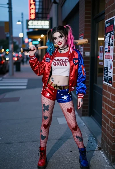 Young woman in joker inspired outfit holding bat on city sidewalk at