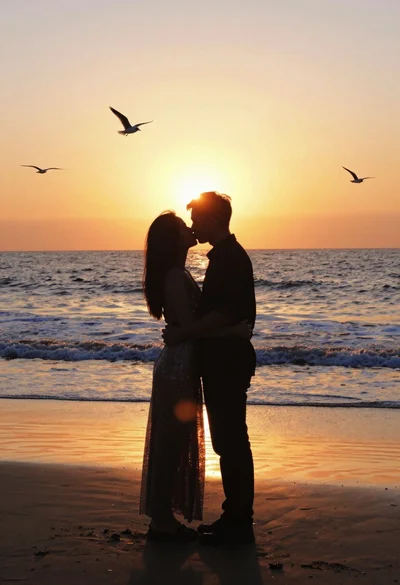 Romantic silhouette of couple embracing kissing on beach at vivid sunset