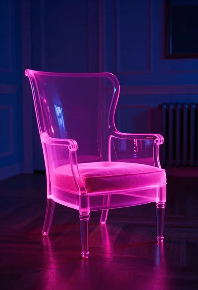 Neon glowing armchair in dimly lit elegant room