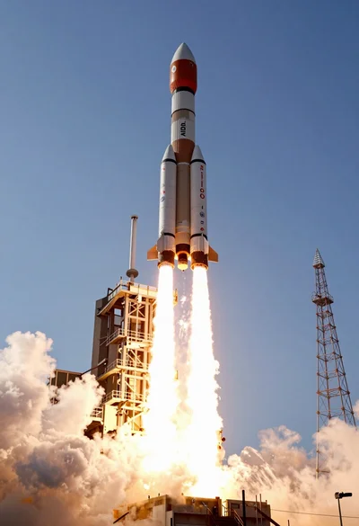Low angle view of a towering rocket launching into clear blue sky
