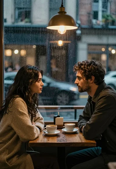 Couple sitting at cafe window gazing into each others eyes during rainy
