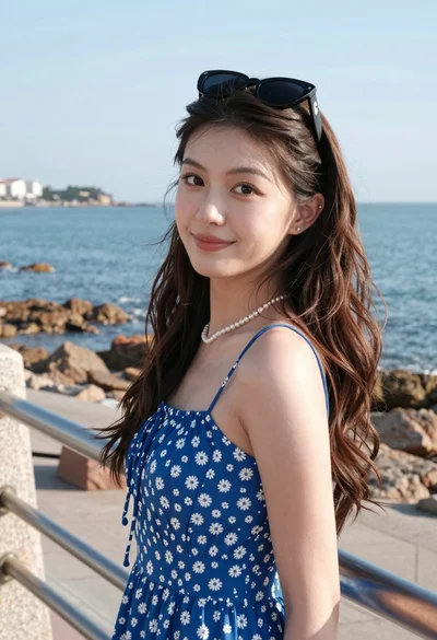 Young woman in blue floral sundress by seaside promenade with ocean view