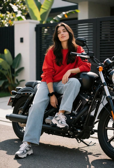 Young woman on black motorcycle in driveway with modern house background