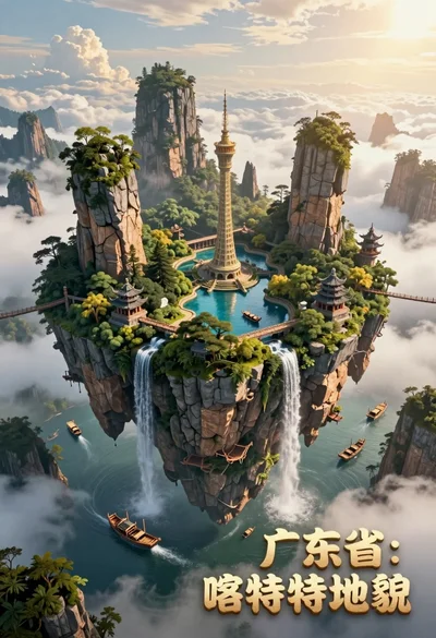 High angle view of floating island with karst formations and ancient architecture