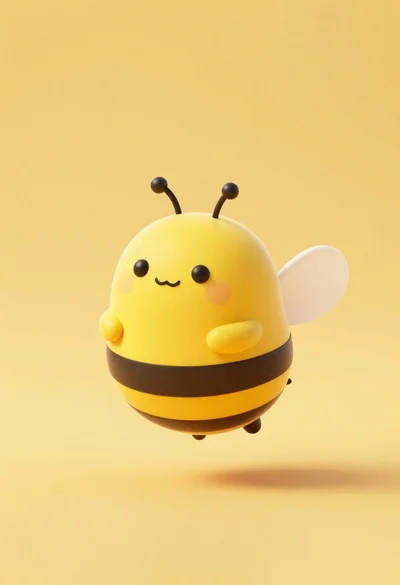 Cute round 3d animated bee character floating in midair against solid yellow