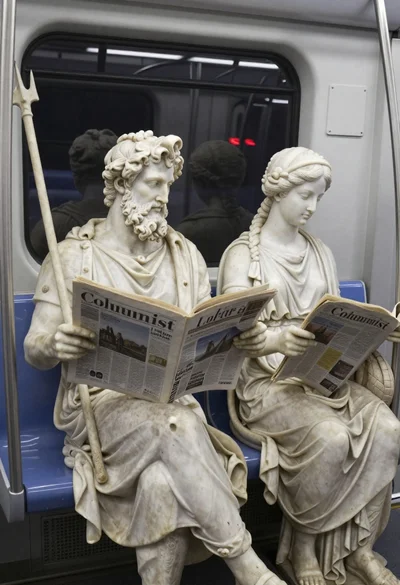 Marble statues sitting on a modern subway train interior