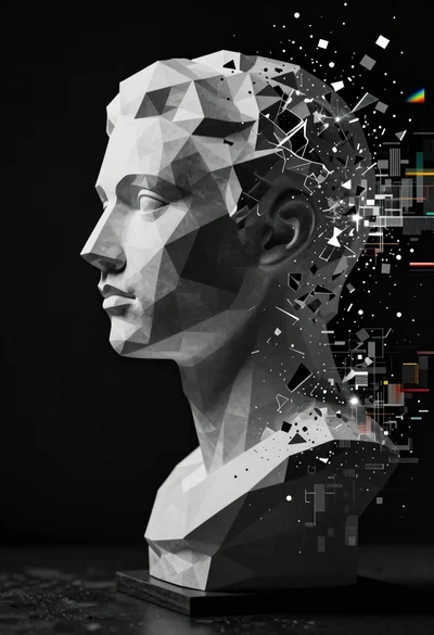 Low poly geometric bust fragmenting into digital glitch artifacts