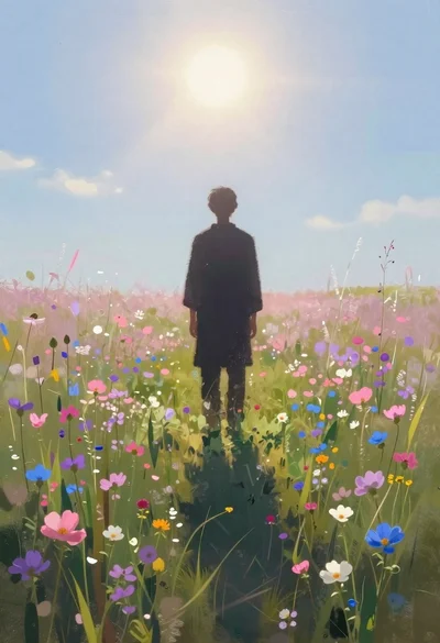 Silhouette of person standing in wildflower meadow under bright light