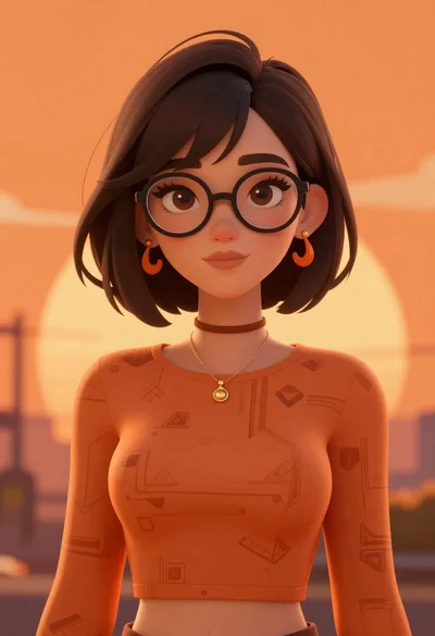Stylized young woman with glasses against orange backdrop