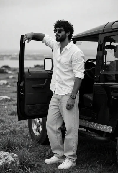 Man leaning on open suv door in rugged field under overcast sky