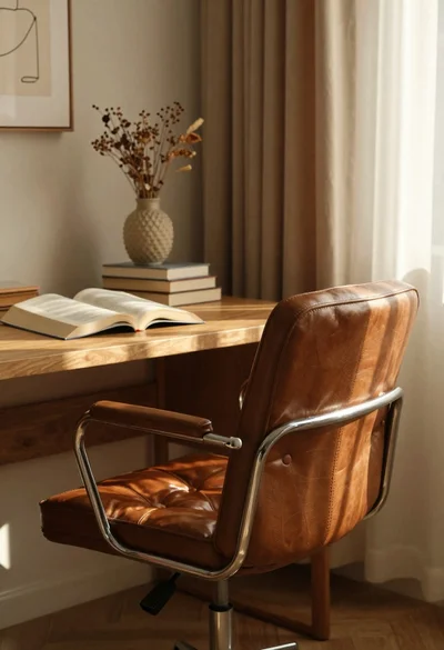 Vintage leather chair by wooden desk in afternoon light