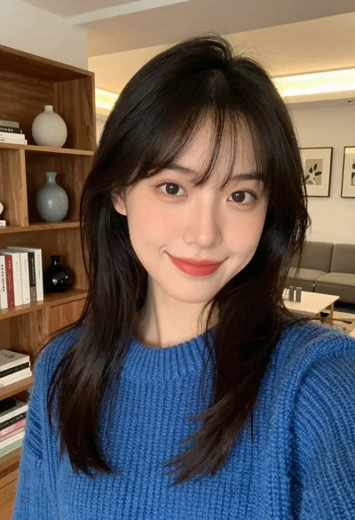 Young woman smiling in a modern cozy living room