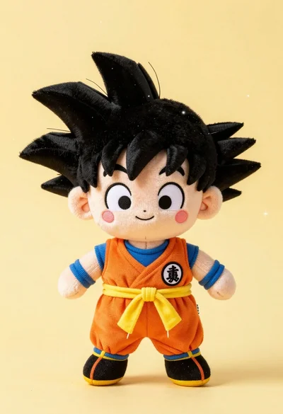 Chibi plush doll resembling goku standing against soft yellow background