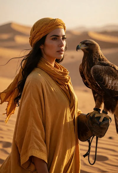 Woman holding large bird of prey in vast golden desert landscape