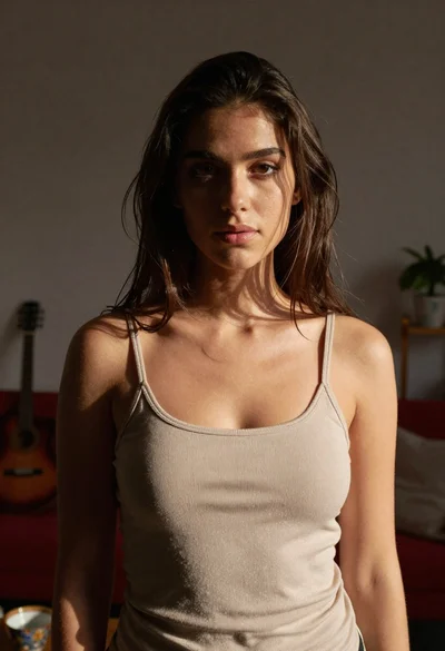 Young woman in beige tank top standing in dimly lit living room